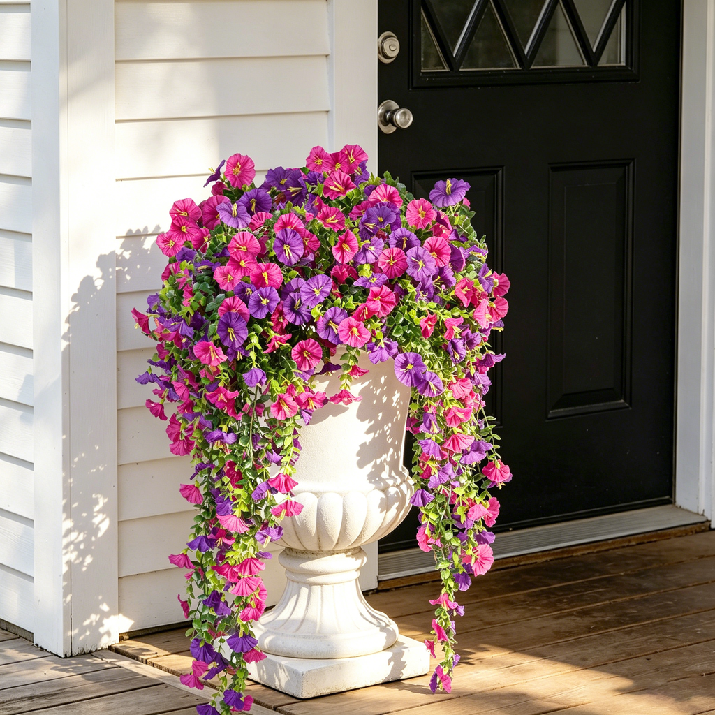 6Pcs Artificial Hanging Morning Glory Flowers, 26.7in UV Resistant Fake Trailing Flower Vines for Porch Patio Outdoor Fall Decor
