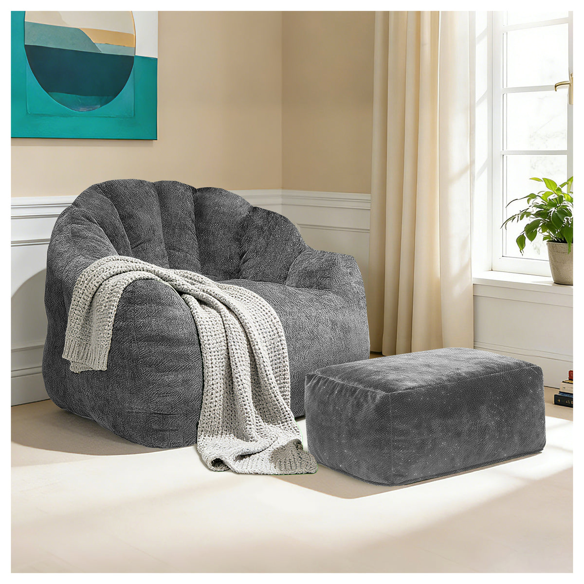 AEELLEEA Dark Grey Sparkling Plush Bean Bag Chair with Ottoman, Ergonomic Curved Sofa, High Density Sponge for Bedroom Living Room