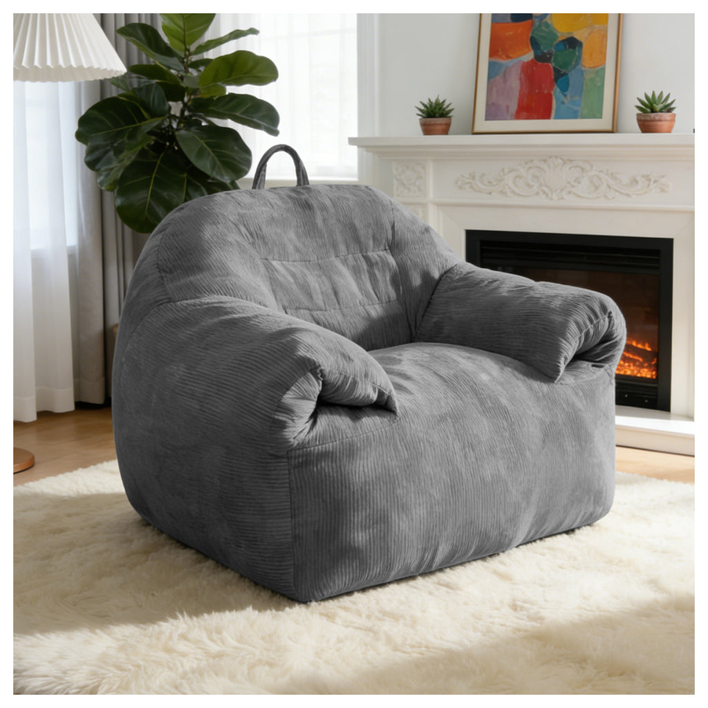 AEELLEEA 44.5" Oversized Bean Bag Chair, Corduroy Lounge Sofa with Armrests, High-Density Foam, Gray