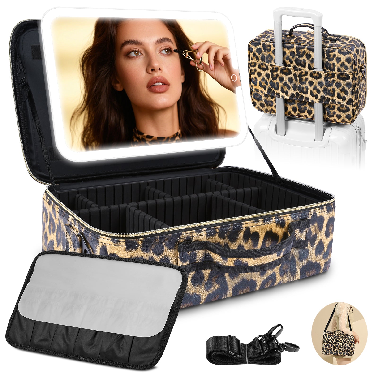 15" Lighted Makeup Organizer 3Color Mirror Adjustable Dividers Travel Ready