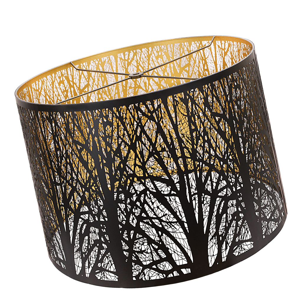 ALUCSET 16"×12" Drum Metal Lamp Shade, Black Gold Forest Etched Tree Shadow Lampshade with Spider Fitter for Table, Floor & Pendant Lights