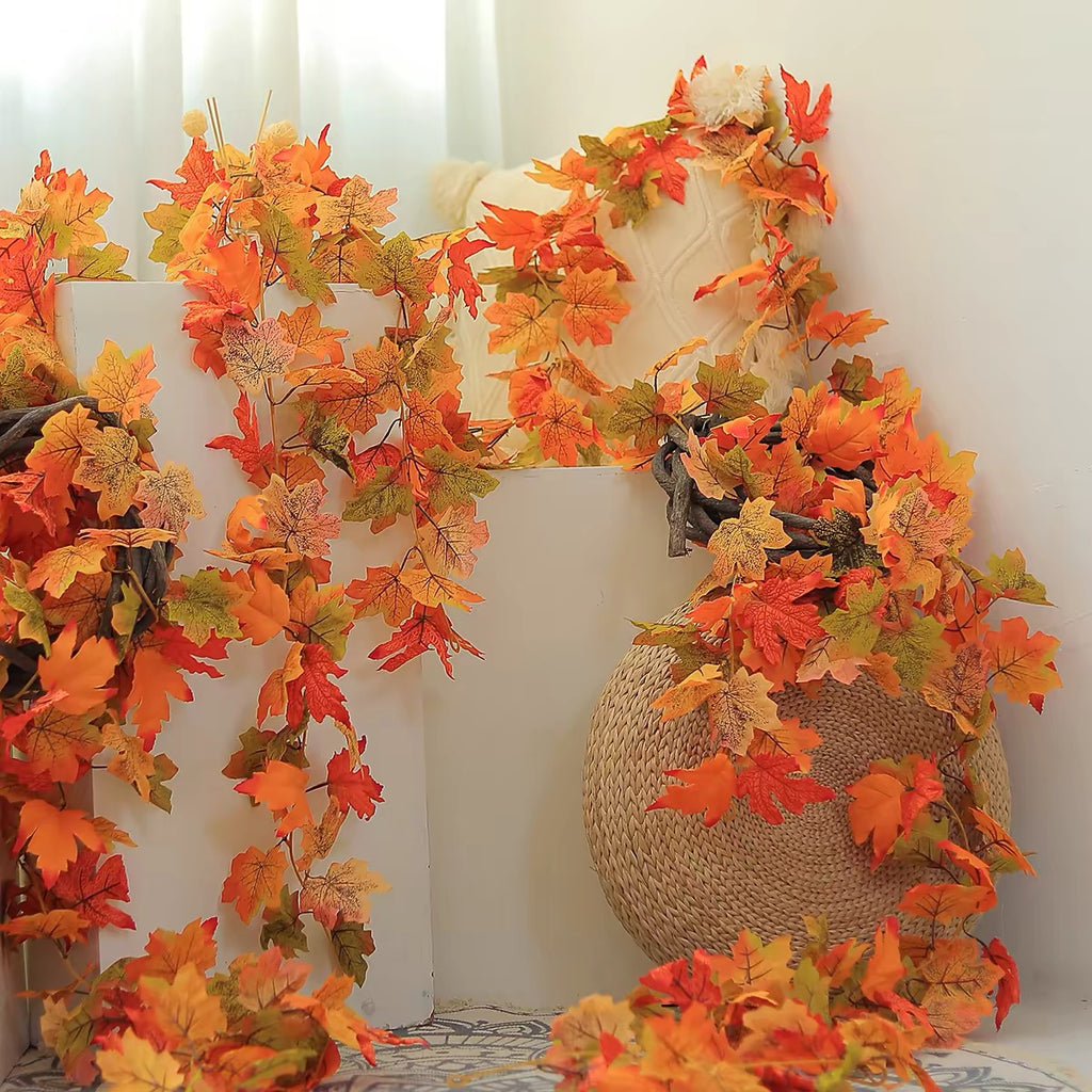 AEELLEEA 2 Pack Fall Maple Leaf Garland with 4 Hooks, Artificial Autumn Foliage Vine for Mantel, Thanksgiving Indoor & Outdoor Home Decor