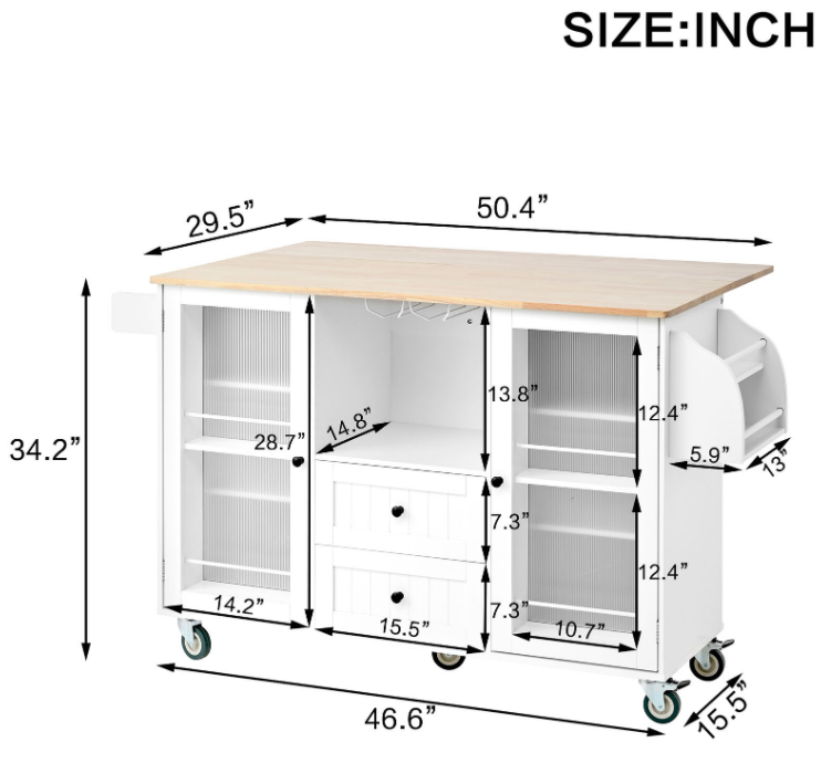 Kitchen Island with Rolling Table On Wheels with Drop Leaf Bar Countertop Side Open Storage Rack White