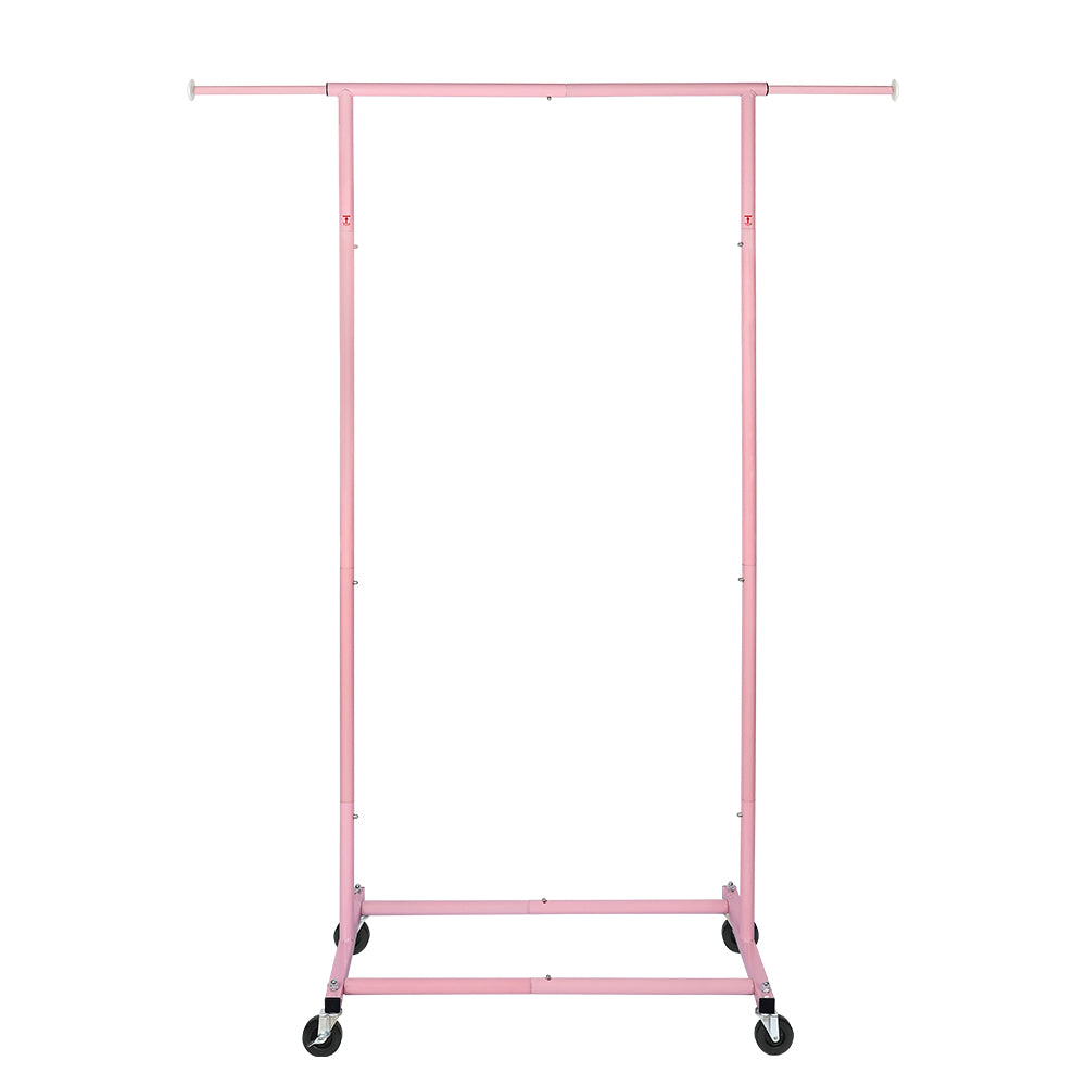 Pink Rolling Garment Rack with Wheels, Adjustable Single Rod Metal Clothes Rack, Heavy-Duty Clothing Organizer Holds Up to 150 lbs for Bedroom, Dorm, Laundry Room, and Balcony