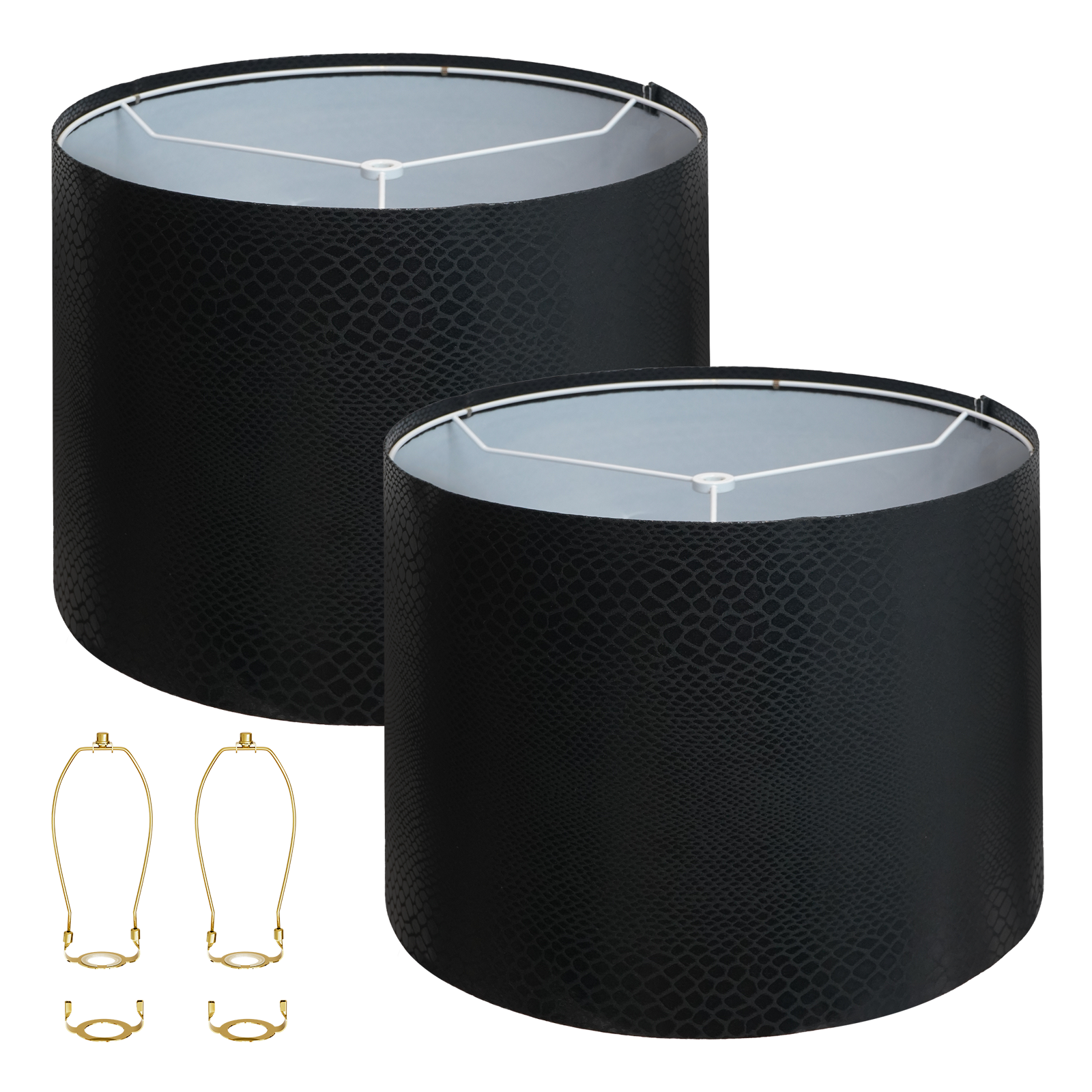 ALUCSET 2-Pack Black Crocodile Texture Drum Lamp Shades 13"×10", Spider Fitter with Harp Included for Table & Floor Lamps
