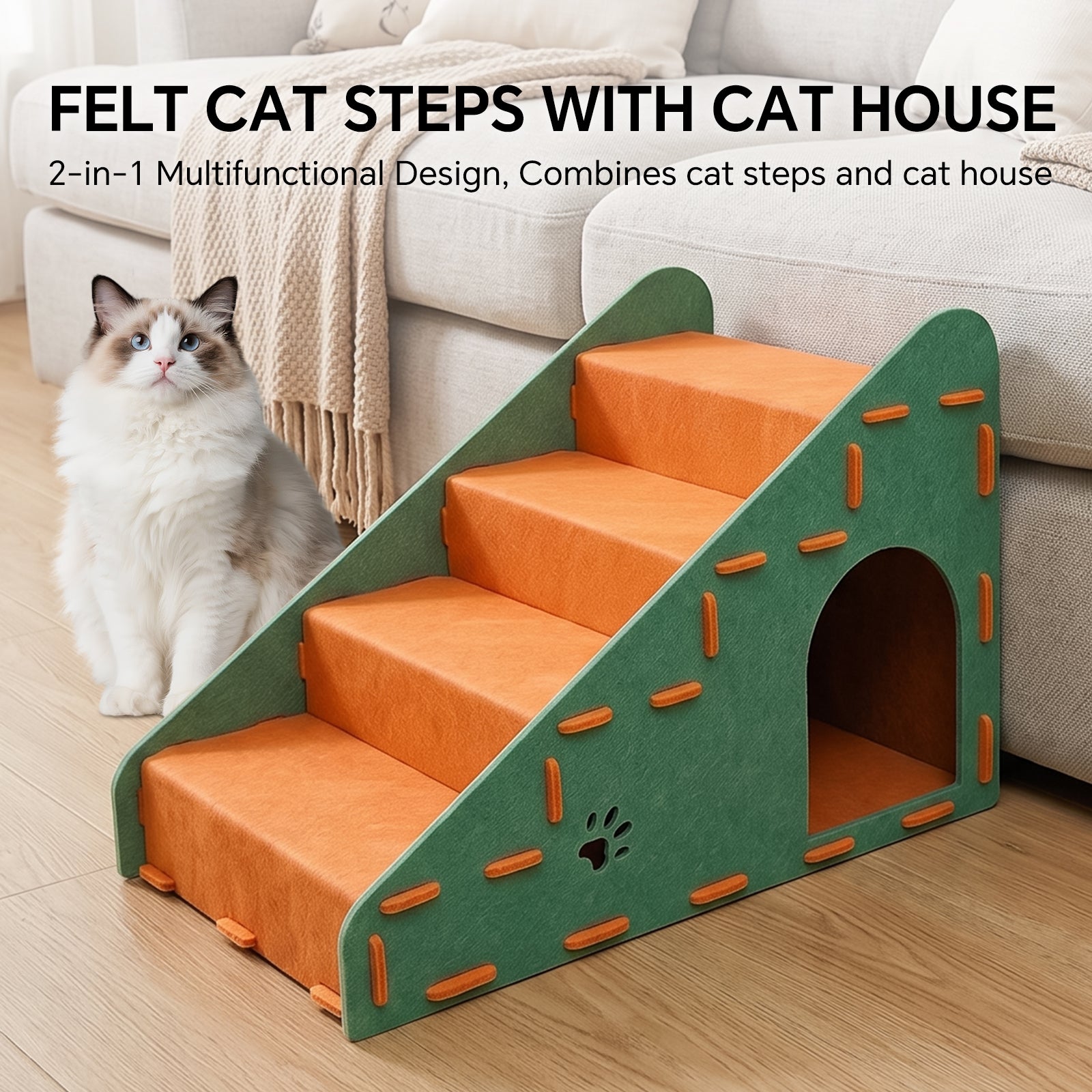 4-Step Felt Pet Stairs with Hideaway Cave, Non-Slip Dog Cat Ramp Steps for Sofa Bed, Small Pet Climbing Ladder