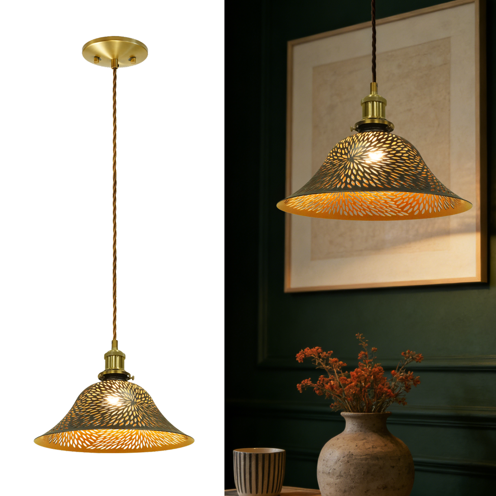 Vintage Cutout Metal Pendant Light, Gold Interior Laser Engraved Hanging Lamp for Kitchen Island Dining Room