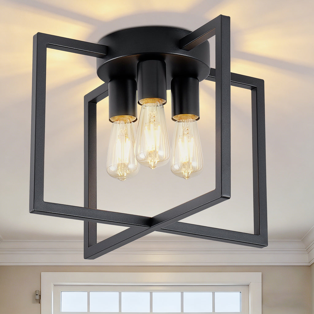 3-Light Semi Flush Mount Ceiling Light, Industrial Black Metal Geometric Square Cage Chandelier, Farmhouse Ceiling Lamp for Bedroom Living Room Hallway Entryway Home Decor