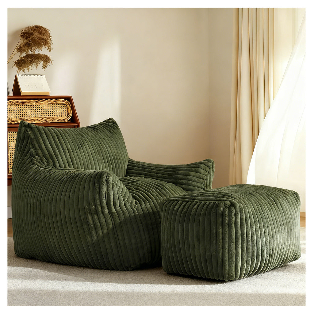 AEELLEEA Green Striped Plush Faux Fur Bean Bag Chair with Ottoman, Crushed Sponge Lazy Sofa for Living Room Bedroom Accent Decor