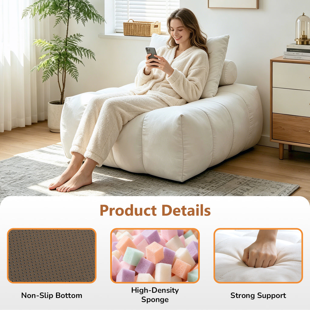 AEELLEEA Bean Bag Lounge Chair for Adults with Pillow, Foam Filled Armless Accent Chair, Cozy Floor Sofa for Living Room, White