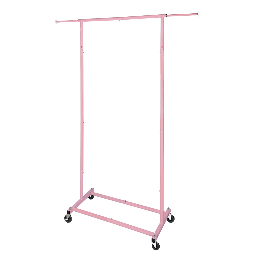 Pink Rolling Garment Rack with Wheels, Adjustable Single Rod Metal Clothes Rack, Heavy-Duty Clothing Organizer Holds Up to 150 lbs for Bedroom, Dorm, Laundry Room, and Balcony