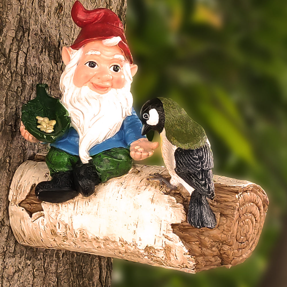 Garden Gnome Statue Feeding Bird on Birch Log, Resin Outdoor Dwarf Figurine Bird Feeder, Weatherproof Decor for Yard, Lawn, Patio, Cute Ornament Gift for Garden Lovers