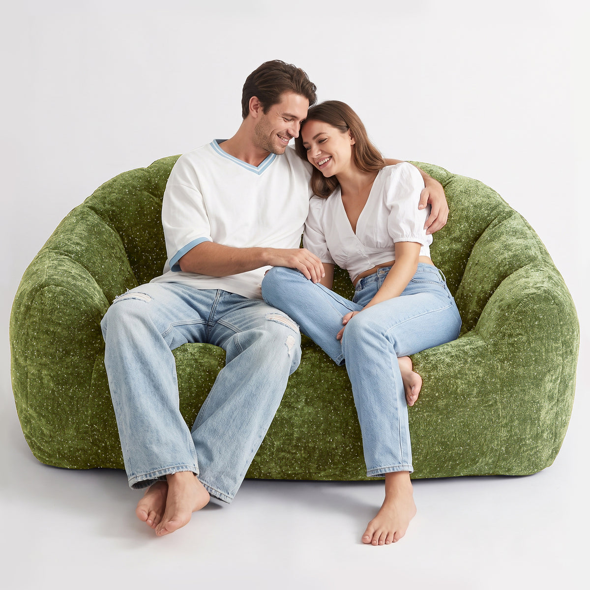 AEELLEEA 55" 2-Seater Floor Sofa, Plush Foam Bean Bag Couch with Deep Seat, Non-Slip Bottom, No Assembly, Green
