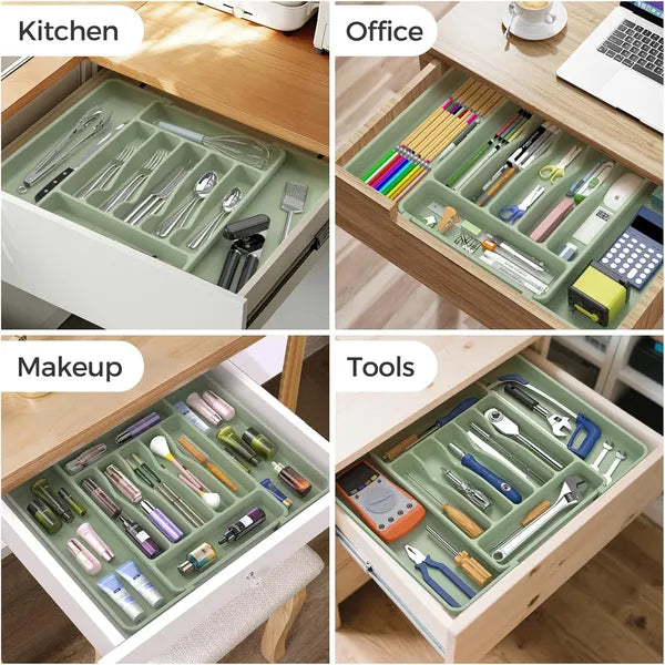 AEELLEEA Expandable Silverware Organizer Tray, Green Adjustable Kitchen Drawer Utensil Holder for Flatware