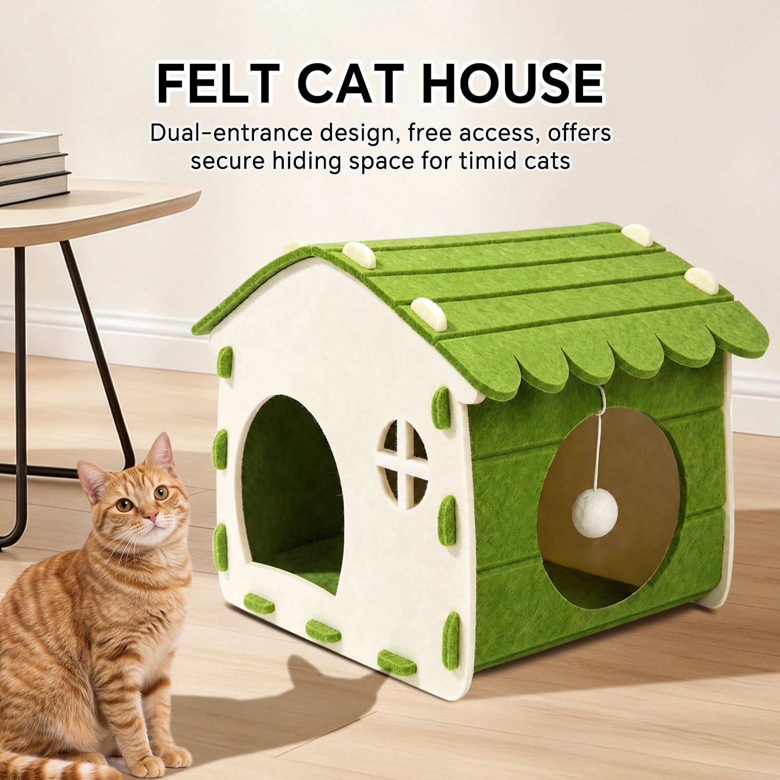 Foldable Felt Cat House Bed with Hideaway Cave, Scratch Resistant Cozy Cat Nest for Indoor Cats Kittens and Small Pets, Portable Easy Storage, Green