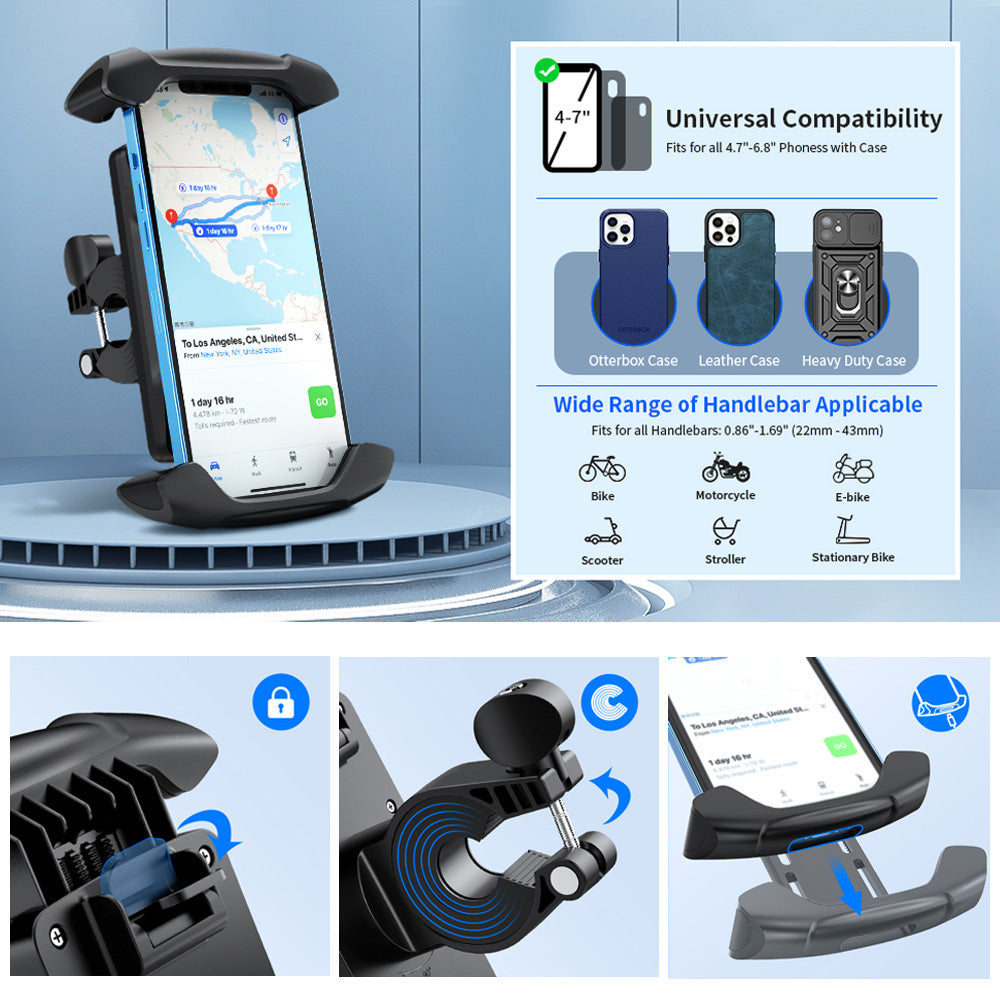 Universal Motorcycle & Bike Phone Mount, 360° Rotatable Handlebar Cell Phone Holder, Shockproof Anti-Slip Bicycle Phone Stand Compatible With IPhone Samsung Android