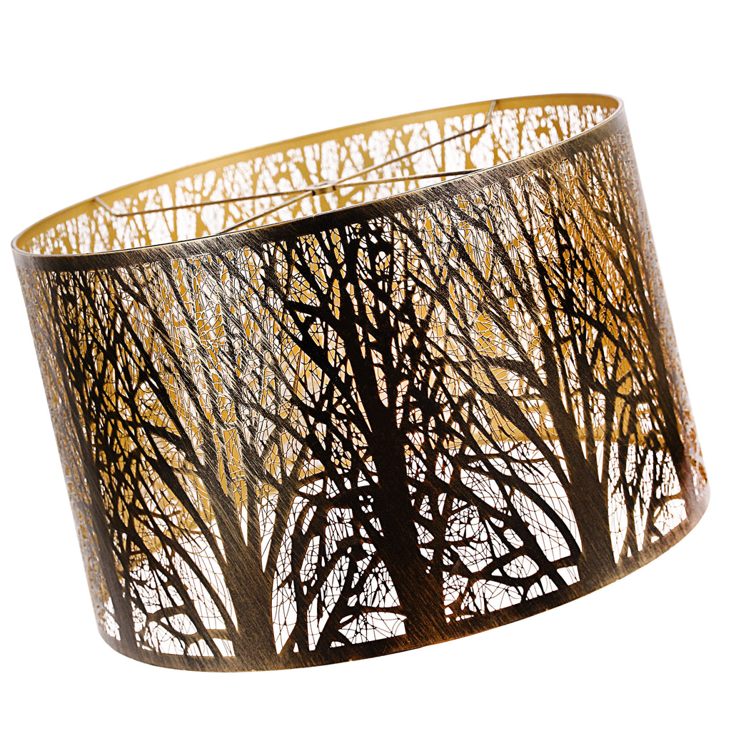 ALUCSET 18"×12" Drum Metal Lamp Shade, Black Gold Forest Etched Tree Shadow Lampshade with Spider Fitter for Table, Floor & Pendant Lights