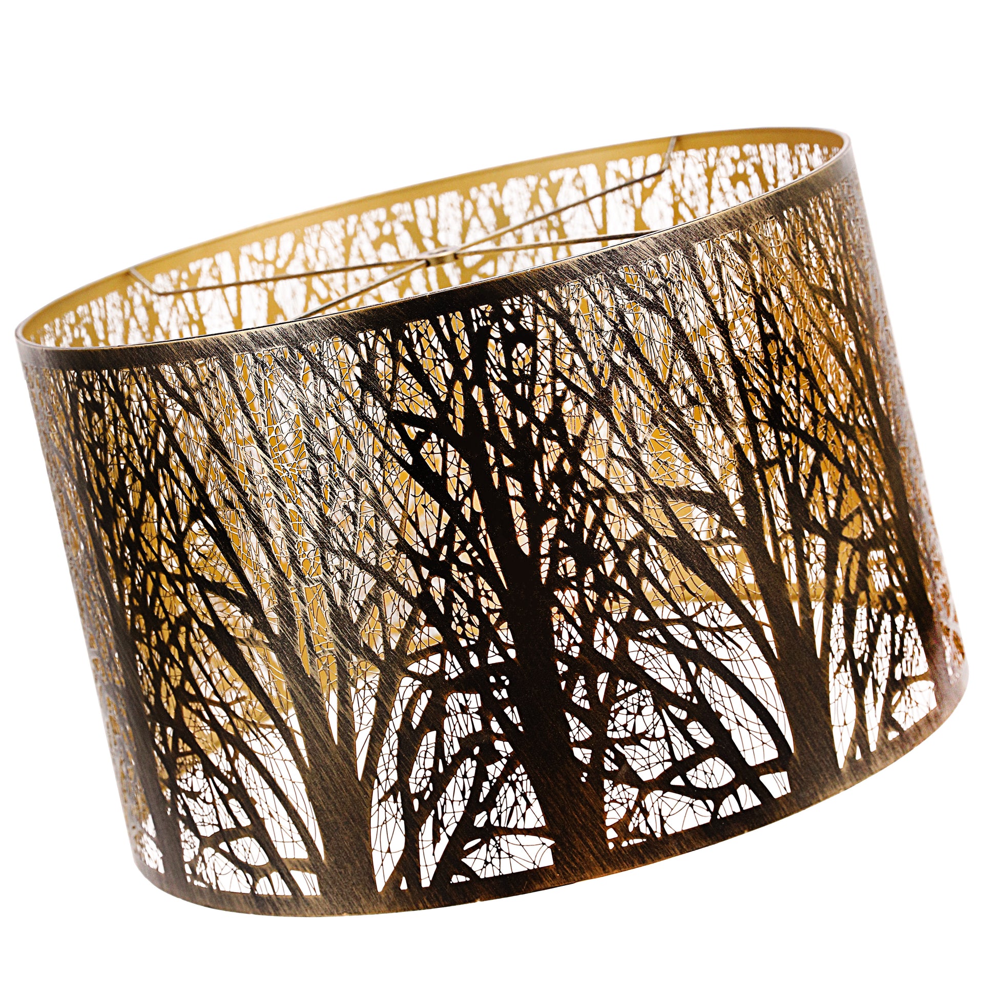 ALUCSET 18"×12" Drum Metal Lamp Shade, Black Gold Forest Etched Tree Shadow Lampshade with Spider Fitter for Table, Floor & Pendant Lights