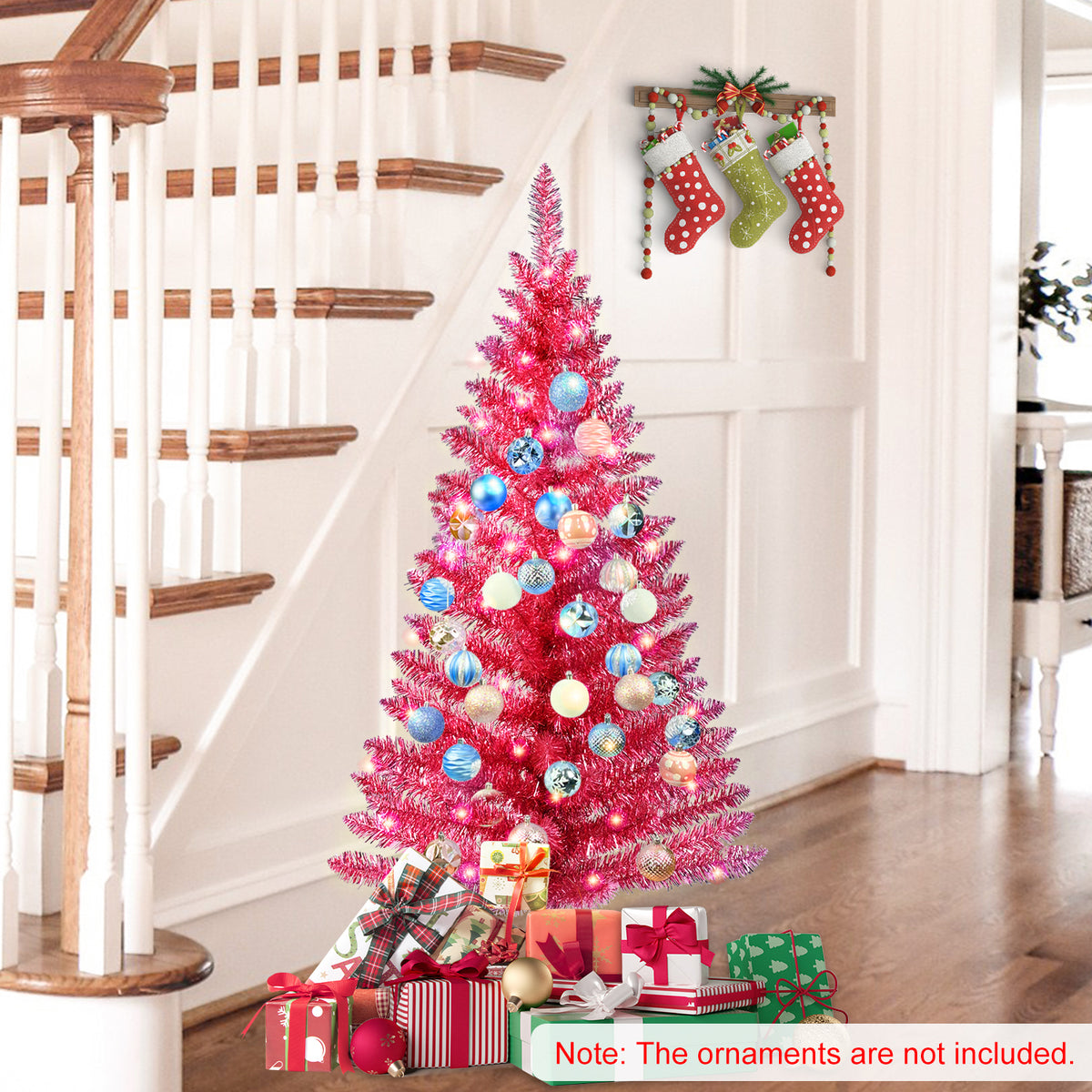 4 FT Red Christmas Tree with 50 Pre-strung UL Lights, 122 Tips Hinged Artificial Holiday Tree with Plastic Stand for Indoor Home Decor.