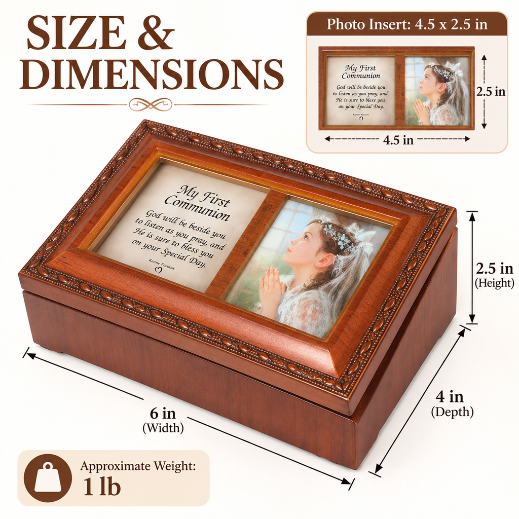First Communion Music Box Keepsake with Double Photo Frame, Velvet-Lined Storage, Wind-Up Ave Maria, Brown