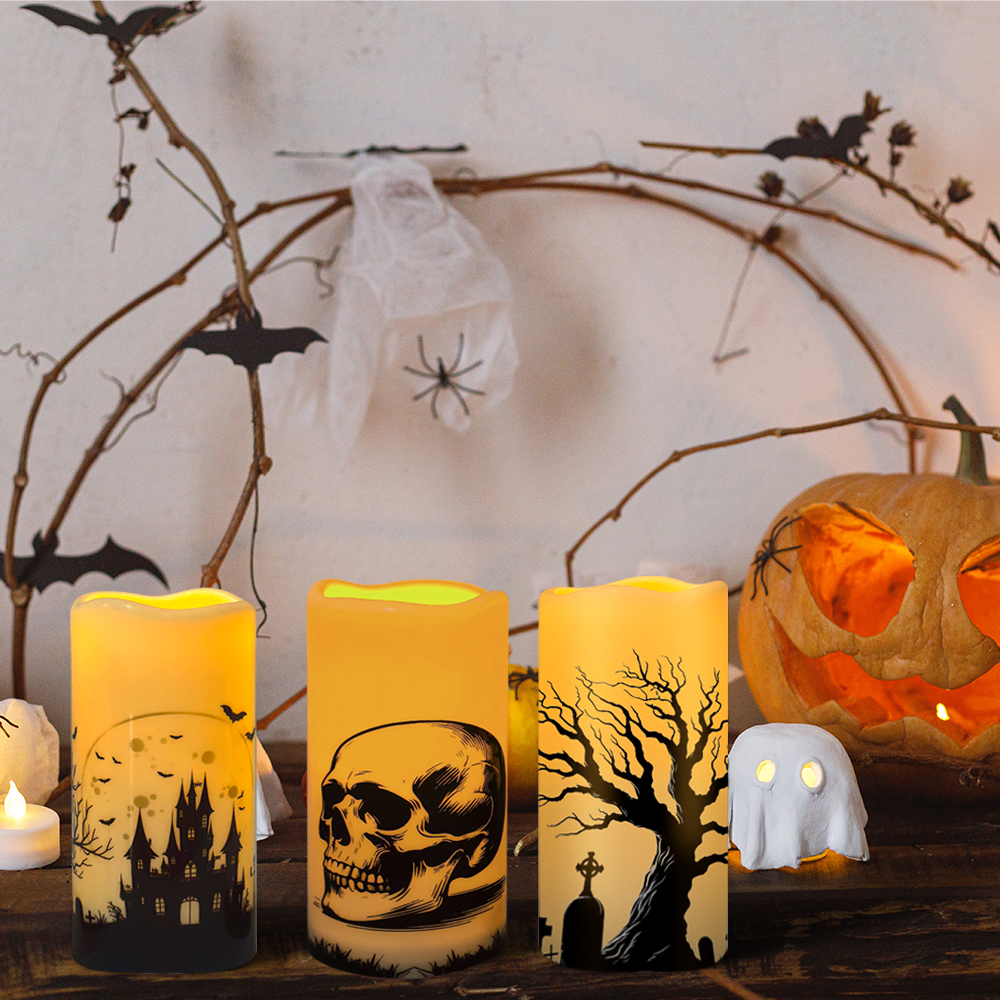 Halloween LED Flameless Flickering Candles,Horror stickers such as skeletons, spider webs, crows, ravens, etc., Halloween-themed indoor decorations (3-piece set, diameter 3 inches x height 6 inches)
