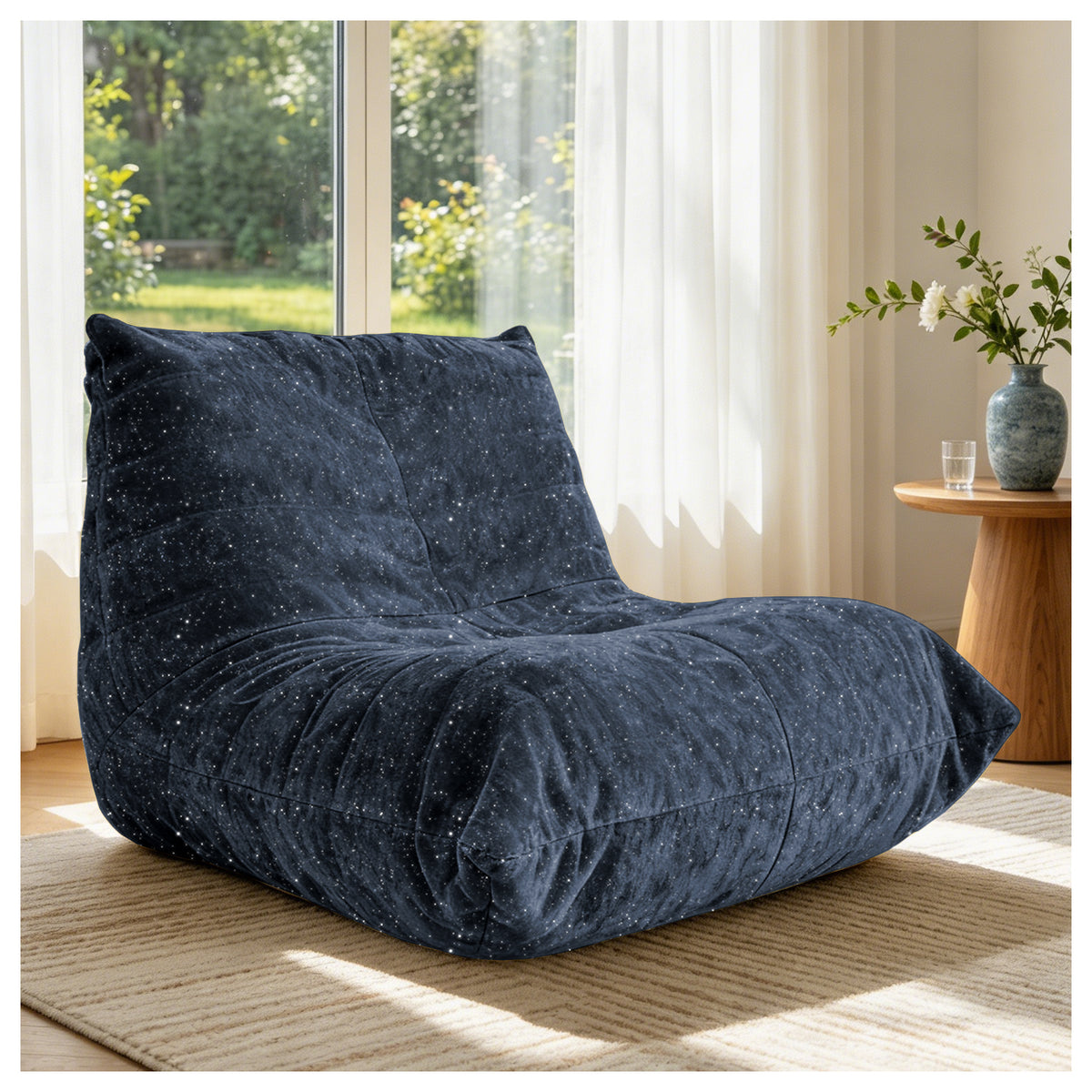 AEELLEEA Navy Blue Sparkling Chenille Bean Bag Chair, Ergonomic Lazy Sofa with Removable Cover & Anti-Slip Base