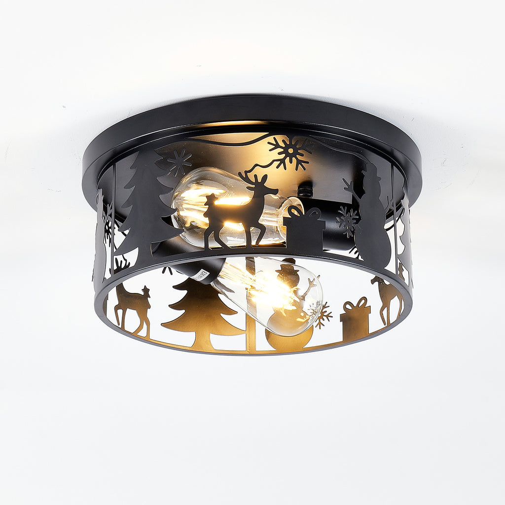 Round Matte Black Flush Mount Ceiling Light, Christmas Snowman Deer Tree Cutout Iron Ceiling Lamp, Vintage E26 Ceiling Light for Bedroom Hallway