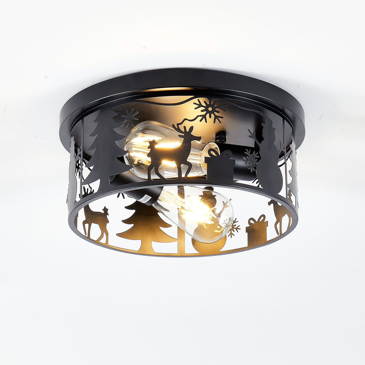 Round Matte Black Flush Mount Ceiling Light, Christmas Snowman Deer Tree Cutout Iron Ceiling Lamp, Vintage E26 Ceiling Light for Bedroom Hallway