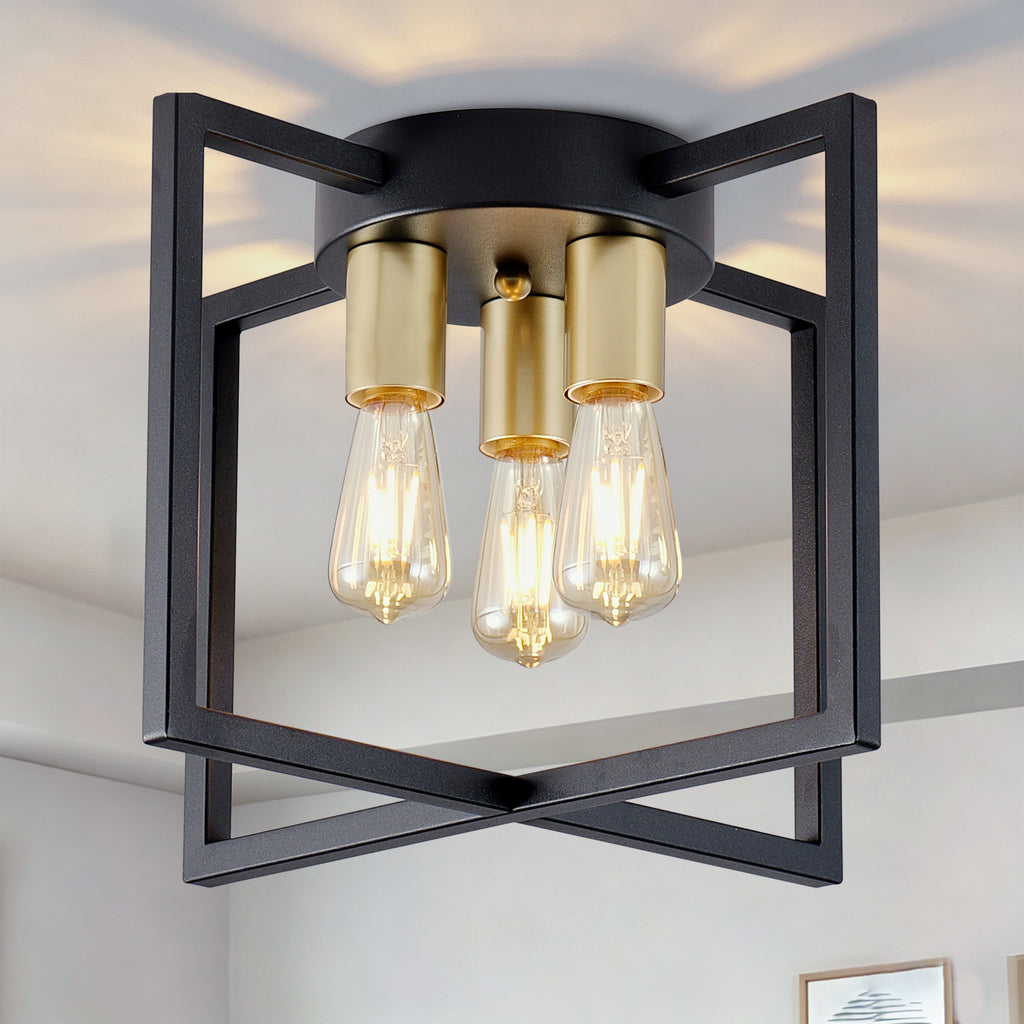 3-Light Semi Flush Mount Ceiling Light, Industrial Black Metal Geometric Square Frame with Gold Socket, Farmhouse Ceiling Lamp for Bedroom Living Room Hallway Entryway Home Decor