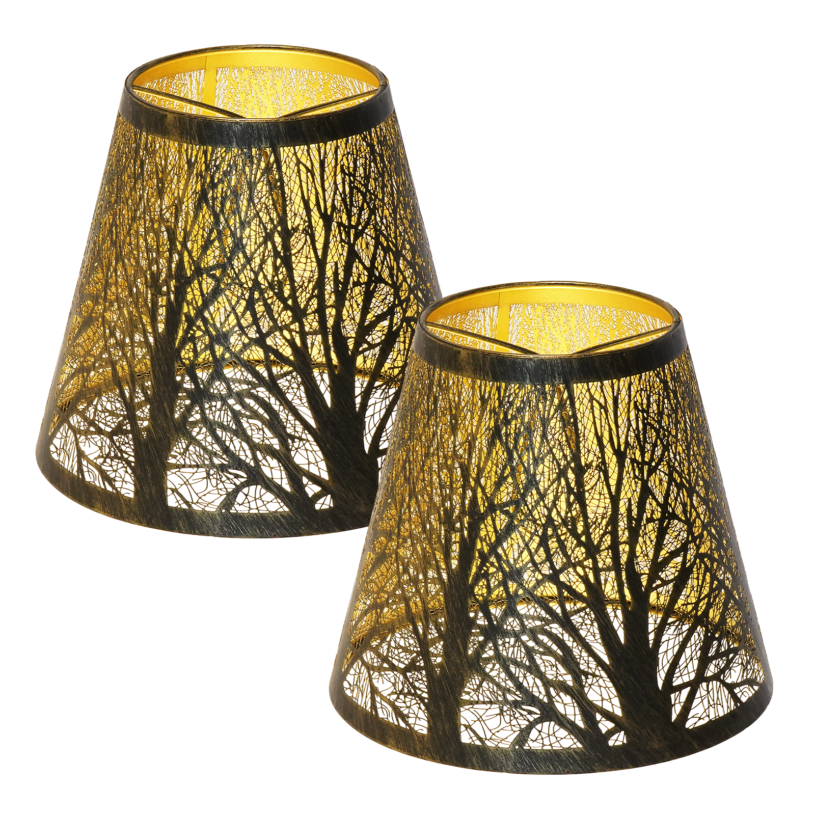 Alucset Metal Tree Shadow Lampshade – 5"x3"x6", Spider Fitter for Table Lamps, Etched Forest Design with Gold Inner Finish, Fits Standard Harp Bases