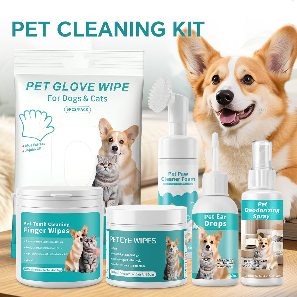 Pet Cleaning Kit 6-in-1, Includes Pet Glove Wipes, Eye Wipes, Teeth Finger Wipes, Ear Drops, Deodorizing Spray & Paw Cleaner Foam for Dogs and Cats