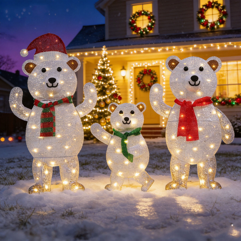 35" Lighted White Bear Family Yard Decorations, 3-Piece 2D Christmas Outdoor Decor with 105 LED Lights