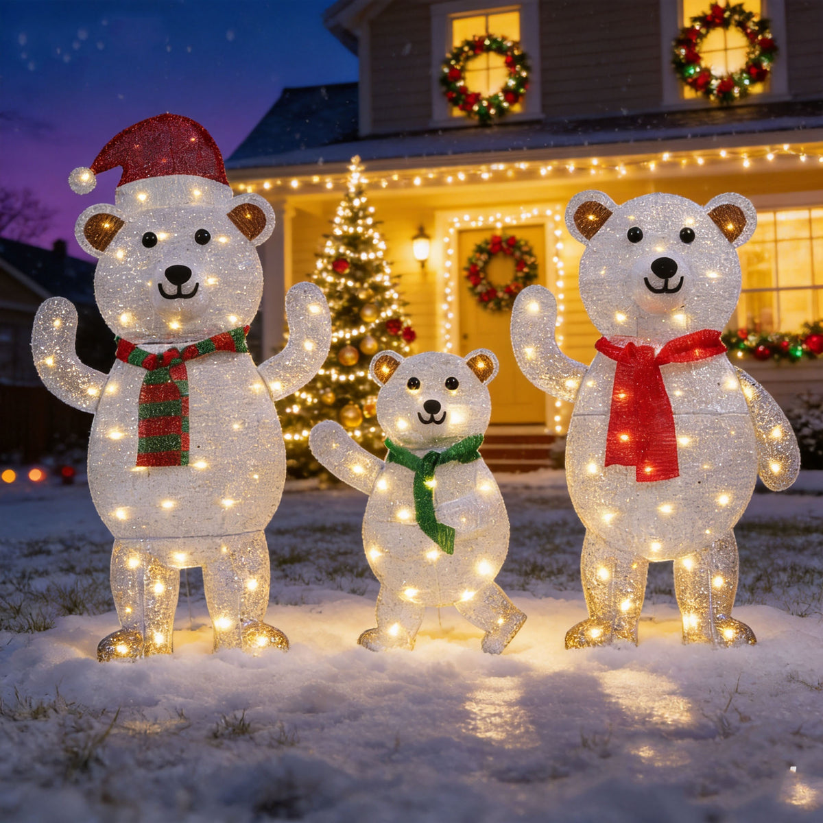 35" Lighted White Bear Family Yard Decorations, 3-Piece 2D Christmas Outdoor Decor with 105 LED Lights