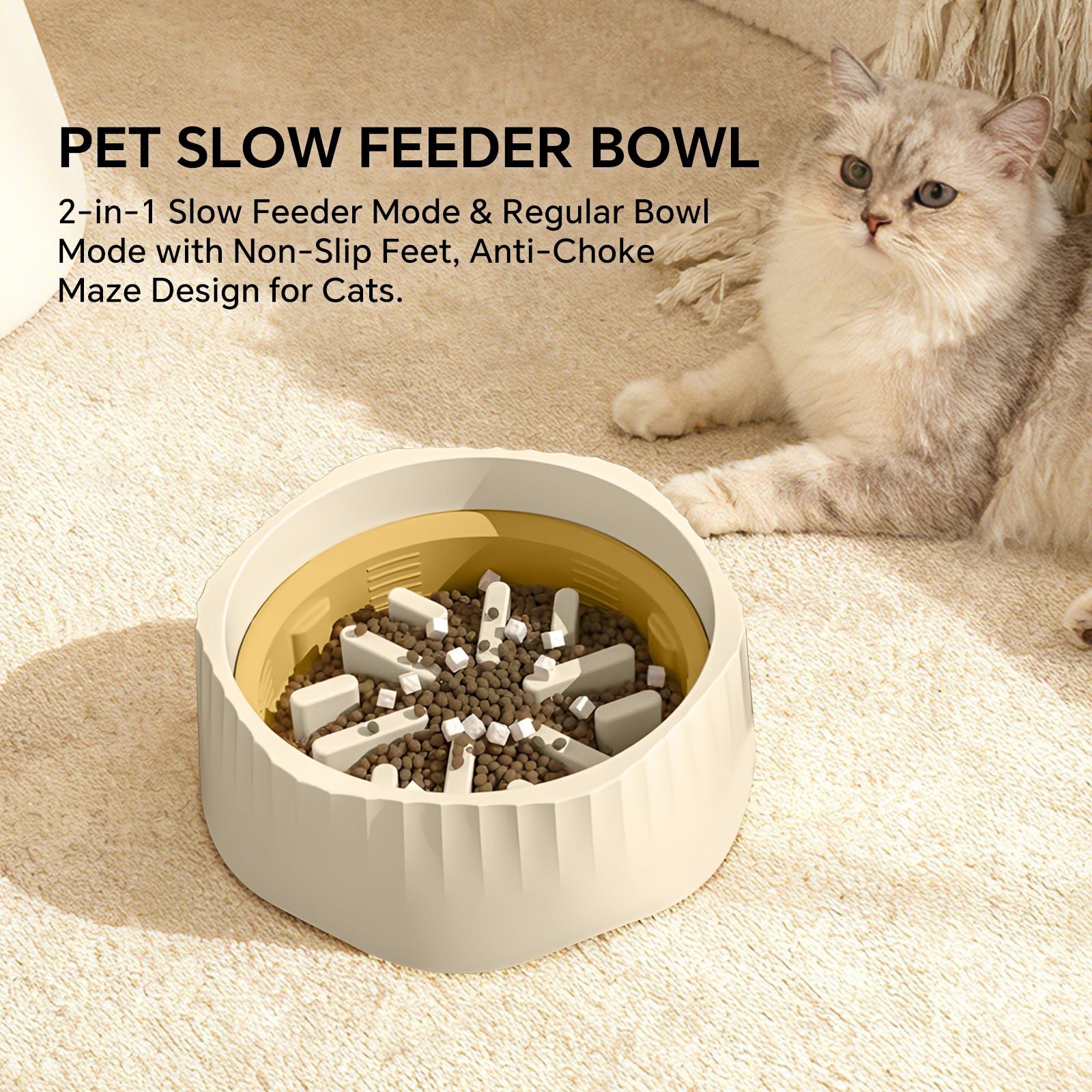 2-in-1 Convertible Slow Feeder Dog Bowl, Regular and Slow Mode for Fast Eaters, Anti-Bloat, Interactive Puzzle, Non-Slip for Small Medium Large Breed Dogs, Cats, Puppies, Pets, Creamy White