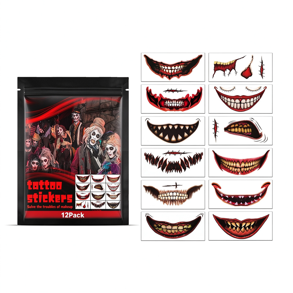 AEELLEEA Halloween Mouth Temporary Tattoos, 12 Pack Scary Clown Joker Face Tattoo Stickers for Cosplay Party Makeup