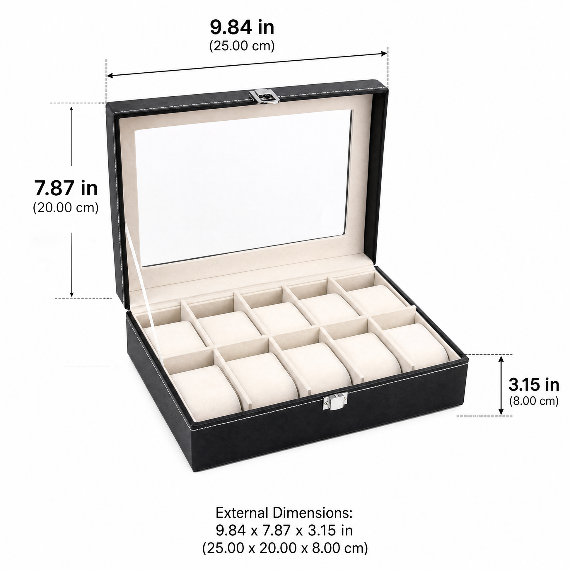 10 Slot PU Leather Watch Box, Black Watch Display Case with Clear Glass Top & Metal Buckle, Velvet Lined Watch Storage Organizer Holder for Men Women Dresser Bedroom