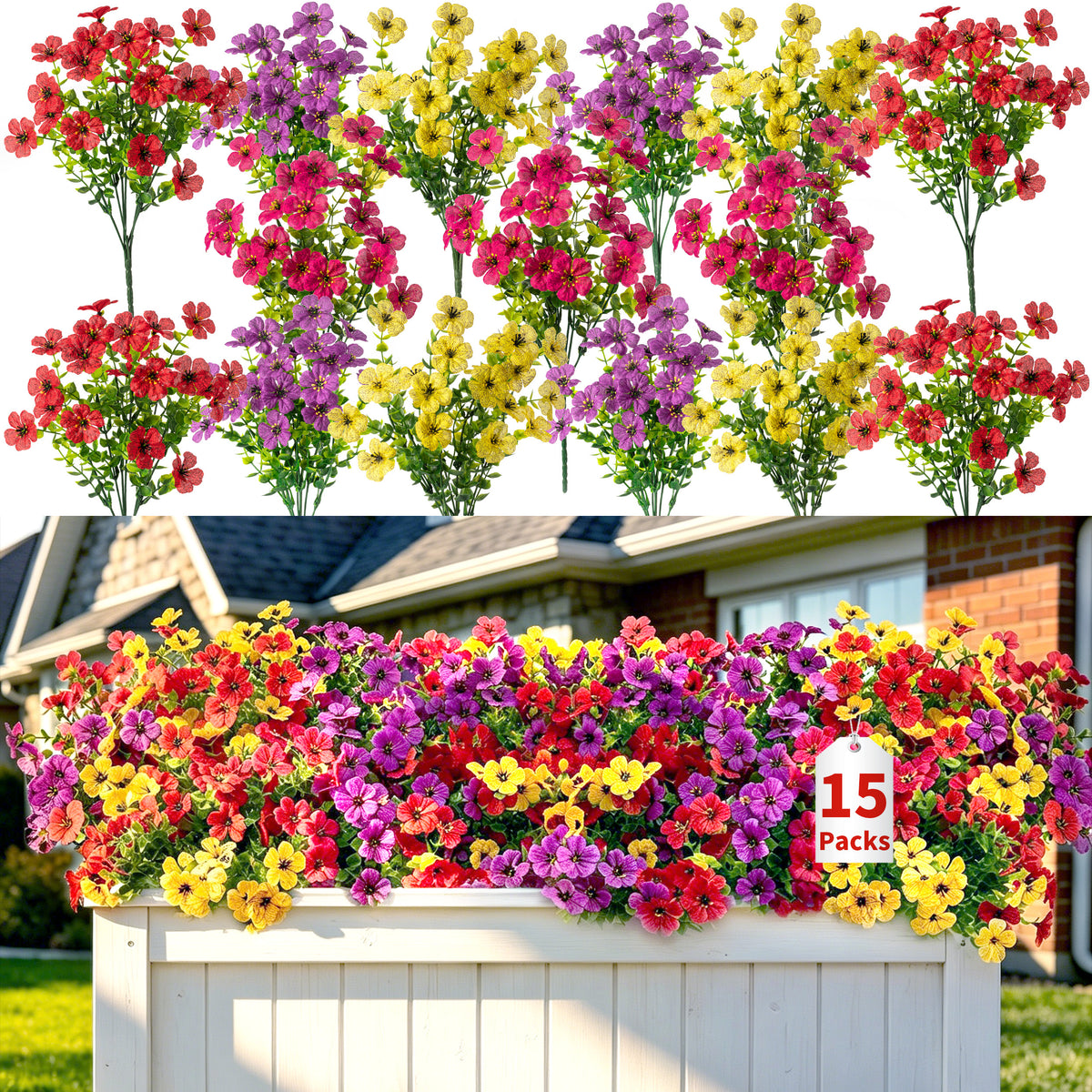 15pcs Artificial Violet Flowers, 3 Assorted Colors UV Resistant Faux Violets for Outdoor Patio Porch Decor