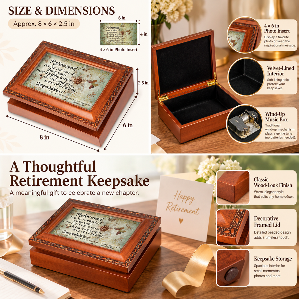 Retirement Keepsake Music Box with 4x6 Photo Insert, Wind-Up Musical Storage Box, 8 x 6 x 2.5 in