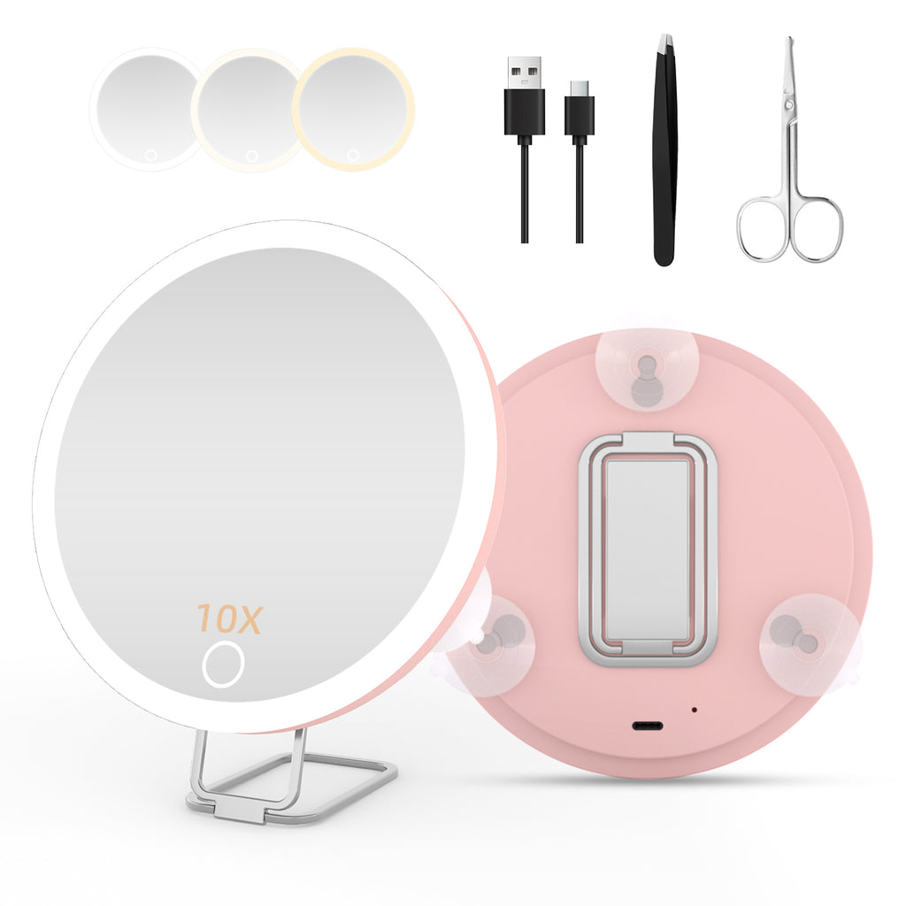 LED Makeup Mirror with Lights, 3 Lighting Modes, 10X 20X 30X Magnifying Vanity Mirror, Desk Suction Hanging 3-Way, Travel