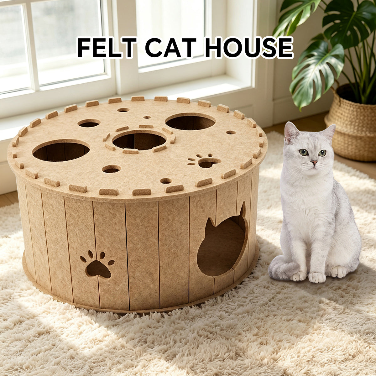 Felt Cat Bed for Indoor Cats, Kitty Cave Tunnel House with Scratching Surface, Scratch-Resistant Hideaway for Multiple Cats