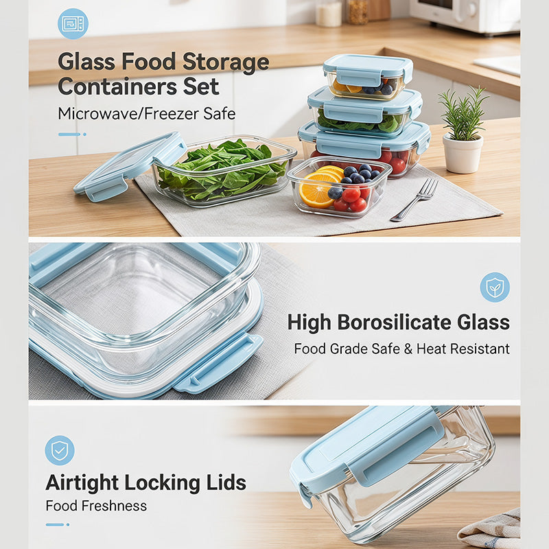 8 Pack Glass Food Storage Containers with Lids