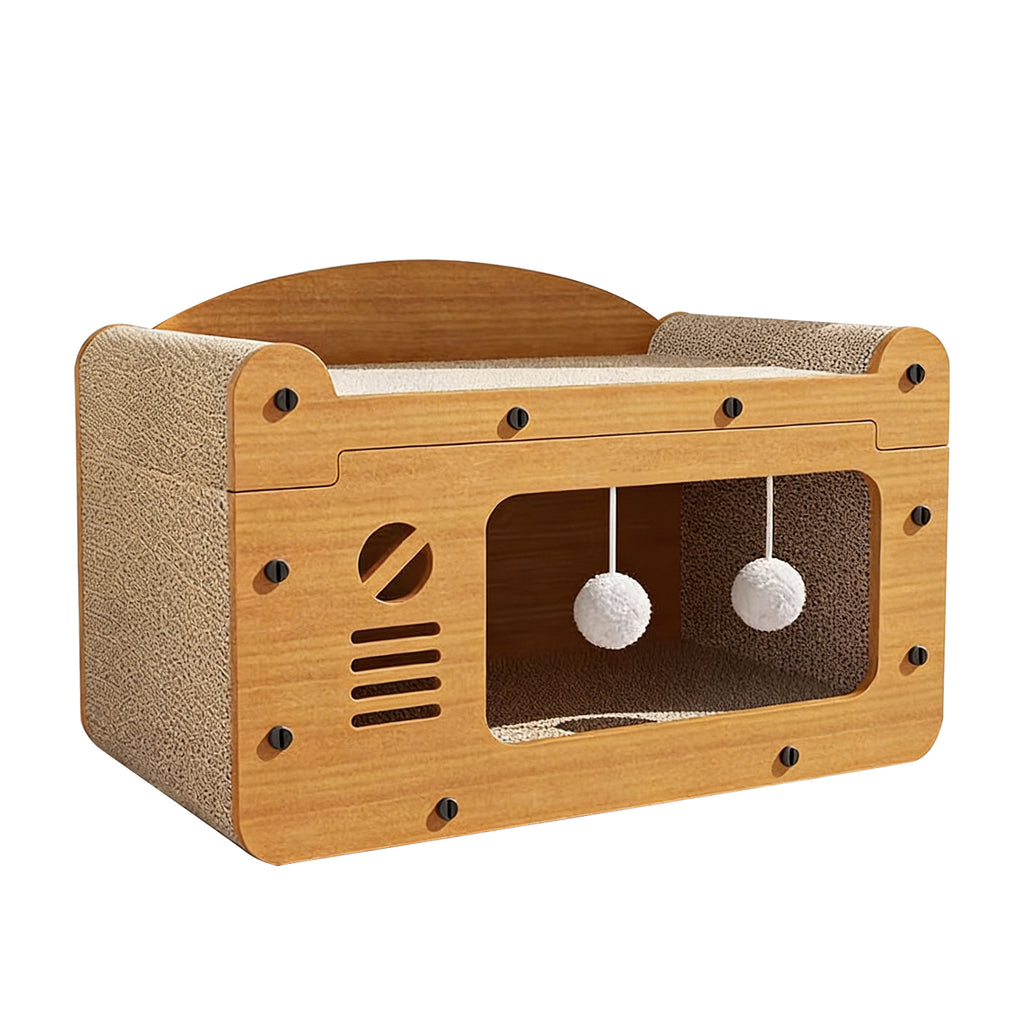Cat Scratcher House, 2-in-1 Cat Bed and Cave with Hanging Ball Toys, Wooden Scratching Board for Indoor Cats, Scratch-Resistant Hideaway Furniture for Kittens and Adult Cats