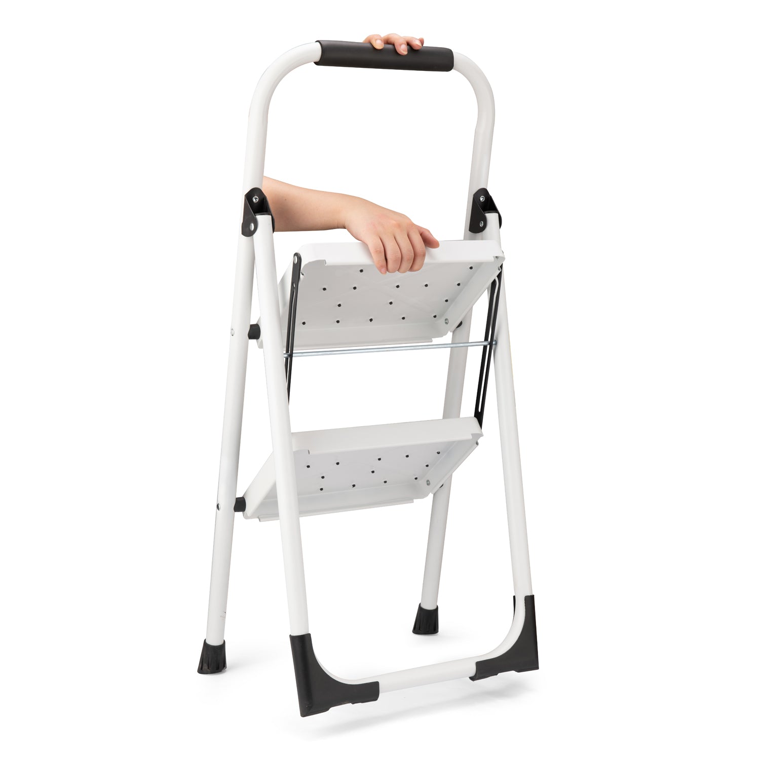 2 Step Ladder, Folding Step Stool with Anti-Slip and Wide Pedal, Lightweight Stepladder with Handrails, Portable for Kitchen, Household, 330LBS, White