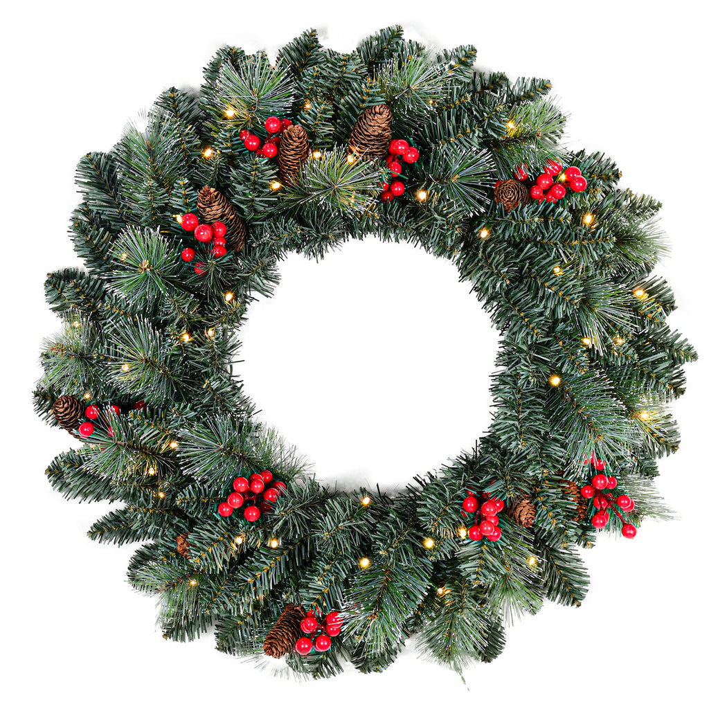 25" Pre-Lit Christmas Wreath with 70 Warm White LED Lights, Battery Operated Pine Needle Wreath with Berries & Pine Cones for Front Door.