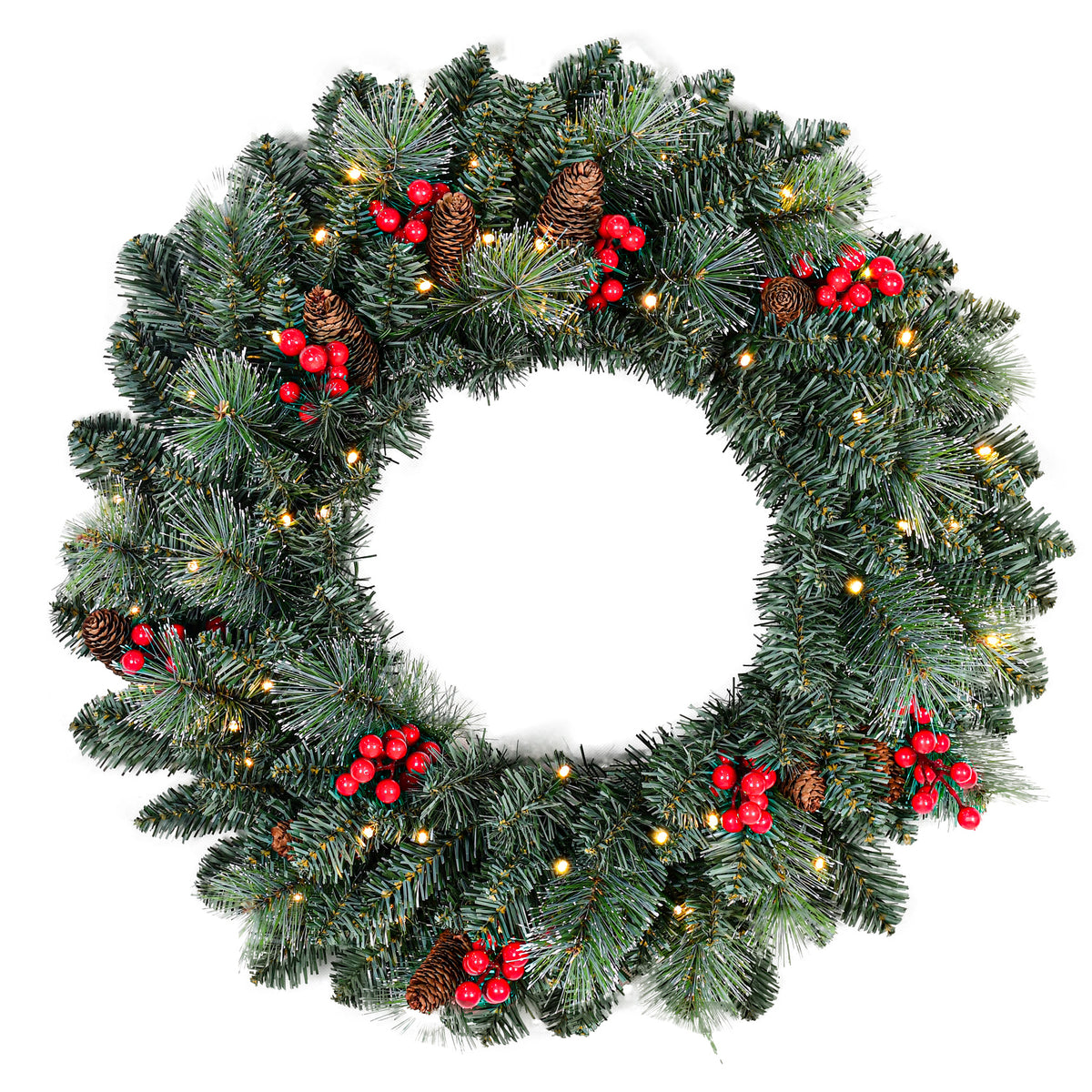 25" Pre-Lit Christmas Wreath with 70 Warm White LED Lights, Battery Operated Pine Needle Wreath with Berries & Pine Cones for Front Door.