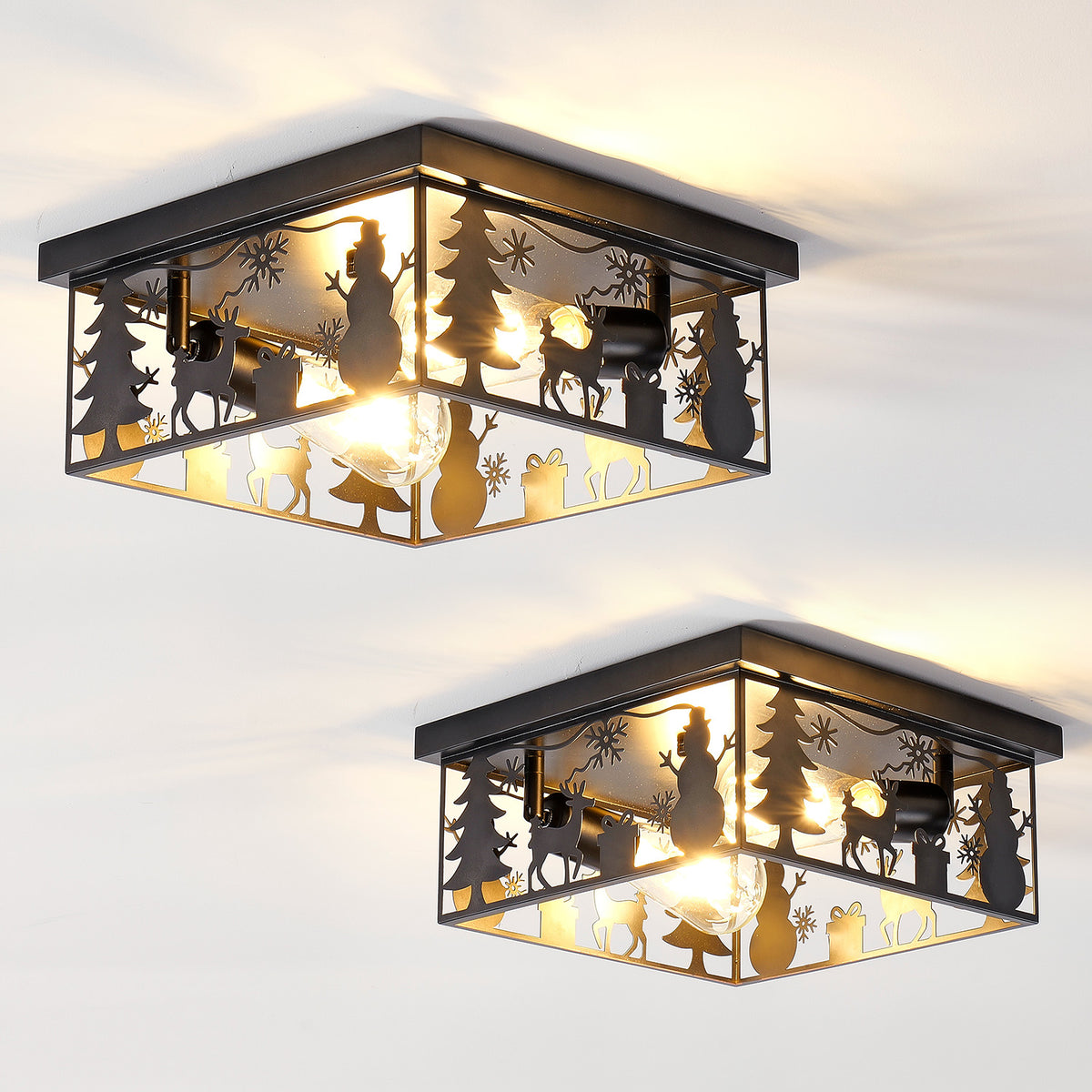 2 Pack Matte Black Square Flush Mount Ceiling Light, Christmas Snowman Deer Tree Cutout Iron Lamp, Vintage E26 Ceiling Light for Bedroom Hallway