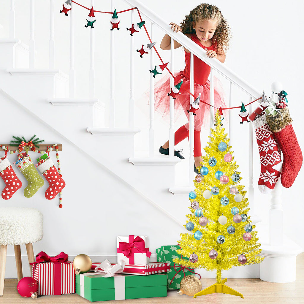 4 FT Gold Christmas Tree with 50 Pre-Strung UL Lights, 122 Tips Hinged Artificial Holiday Tree with Plastic Stand for Indoor Home Decor.