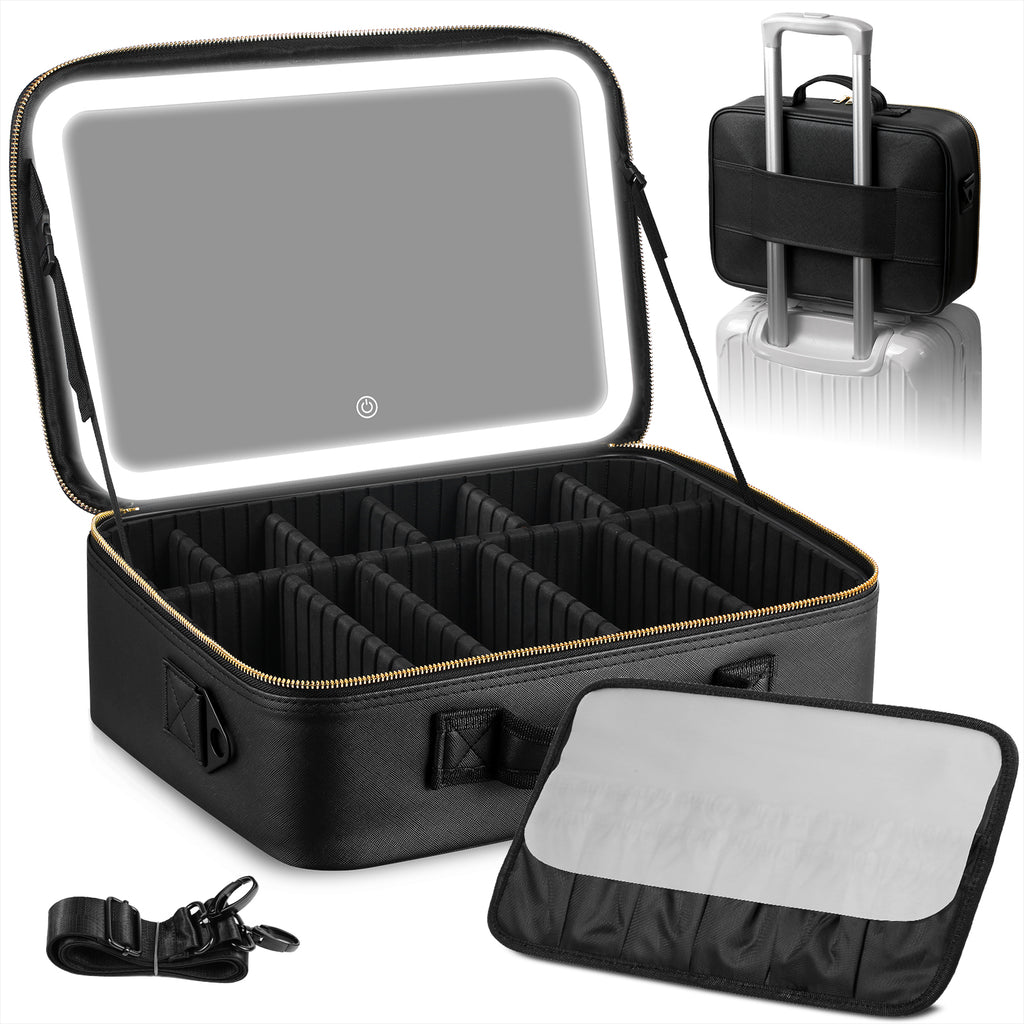 15" Lighted Makeup Organizer 3Color Mirror Adjustable Dividers Travel Ready