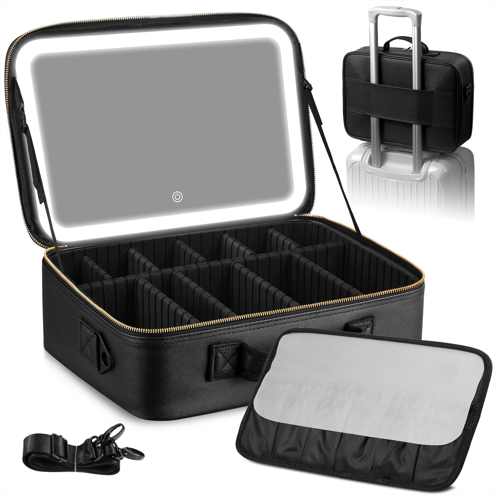 15" Lighted Makeup Organizer 3Color Mirror Adjustable Dividers Travel Ready