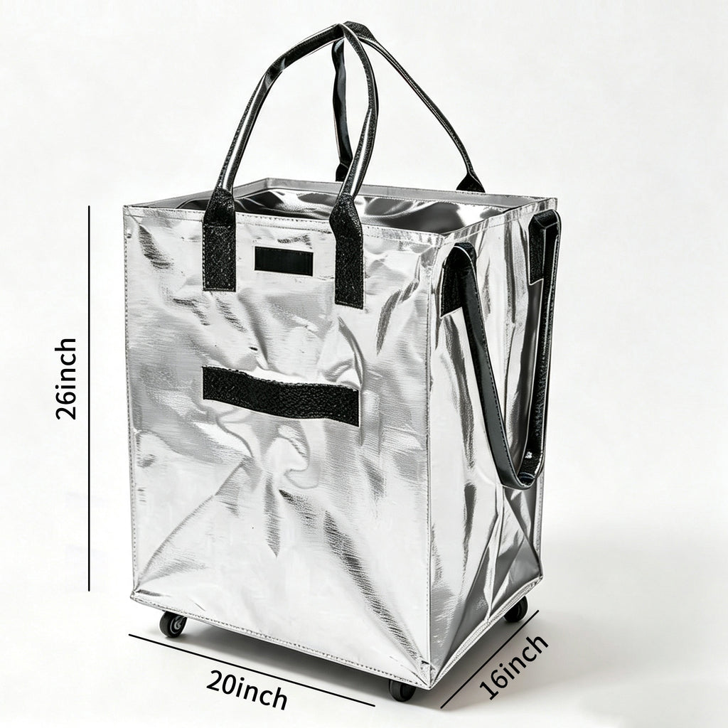 Large L‑Size Foldable Rolling Tote Bag 26"×20"×16", 5‑Wheel Base Wheeled Utility Cart, Water Resistant Rolling Laundry Basket, Portable Grocery & Storage Tote for Home, Dorm, Camping Travel